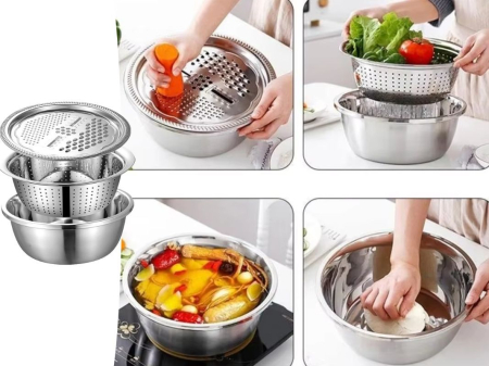 Set multifuncțional inox cu bol, strecurătoare și răzătoare [1]