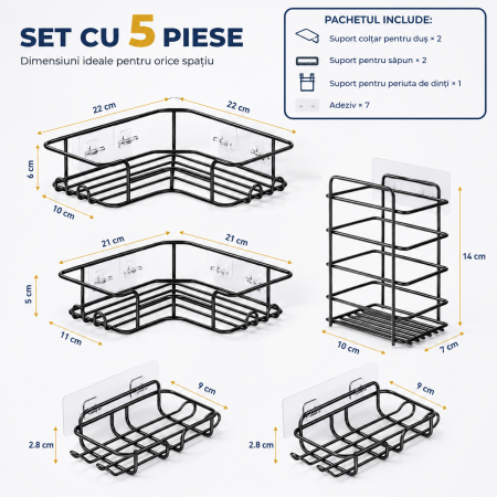 Set organizatoare baie autoadezive 5 piese raft colt dus negru [2]