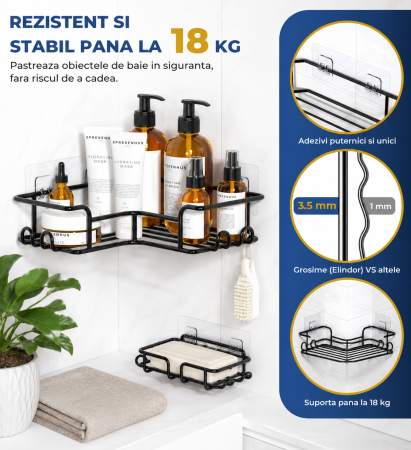 Set organizatoare baie autoadezive 5 piese raft colt dus negru [3]