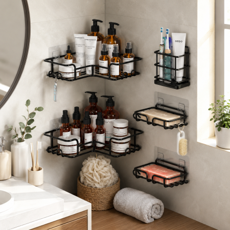 Set organizatoare baie autoadezive 5 piese raft colt dus negru [1]