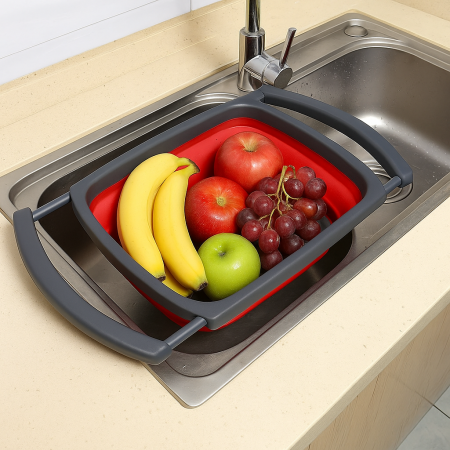 Strecurătoare extensibilă pliabilă silicon roșu 60 cm pentru chiuvetă fructe legume paste [1]