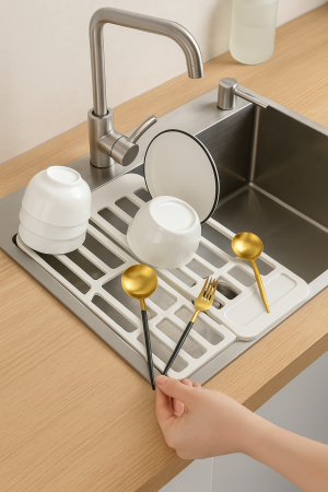 Suport extensibil pentru vase și chiuvetă – scurgător multifuncțional alb [3]