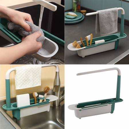 Suport extensibil pentru chiuvetă cu bară lavete și compartimente organizare [1]