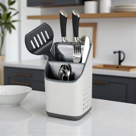 Suport organizator tacâmuri și ustensile alb-gri cu compartimente multiple [2]