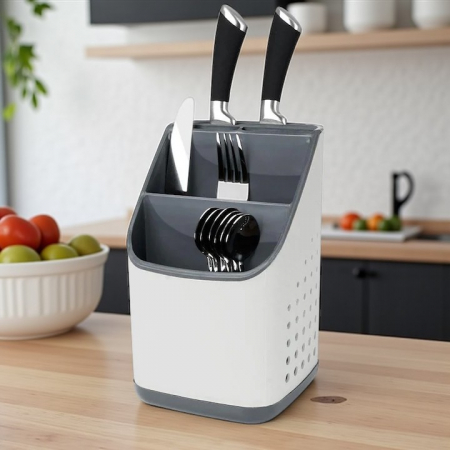 Suport organizator tacâmuri și ustensile alb-gri cu compartimente multiple [3]