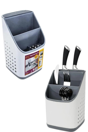 Depozitare și organizare - Suport organizator tacâmuri și ustensile alb-gri cu compartimente multiple