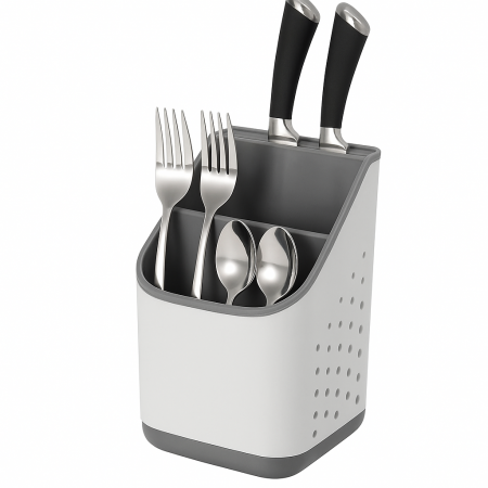 Suport organizator tacâmuri și ustensile alb-gri cu compartimente multiple [1]