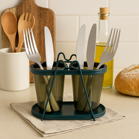 Suport tacâmuri metalic cu pahare plastic – organizator bucătărie 2 compartimente [1]