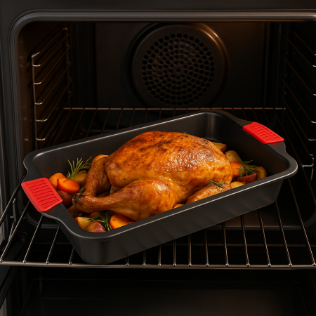 Tavă cuptor 39x26 cm antiaderentă cu mânere silicon roșii pentru fripturi și lasagna [4]