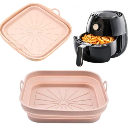 Bucătrie - Tavă pătrată din silicon pliabilă pentru air fryer – reutilizabilă, culori disponibile în funcție de stoc