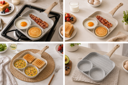Tigaie compartimentată cu două compartimente și suprafață grill, ideală pentru ouă, bacon, clătite și alte preparate. Înveliș antiaderent și culoare aleatorie. [4]