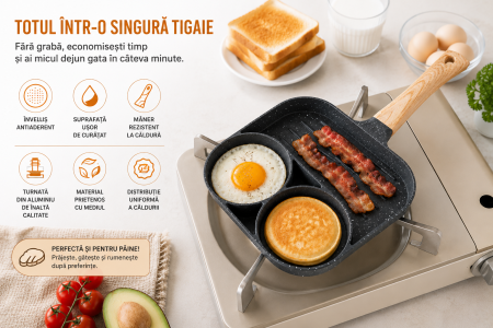 Tigaie compartimentată cu două compartimente și suprafață grill, ideală pentru ouă, bacon, clătite și alte preparate. Înveliș antiaderent și culoare aleatorie. [1]