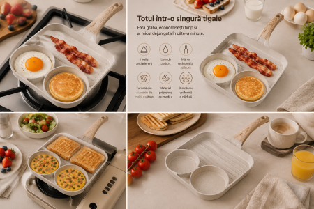 Tigaie compartimentată cu două compartimente și suprafață grill, ideală pentru ouă, bacon, clătite și alte preparate. Înveliș antiaderent și culoare aleatorie. [2]