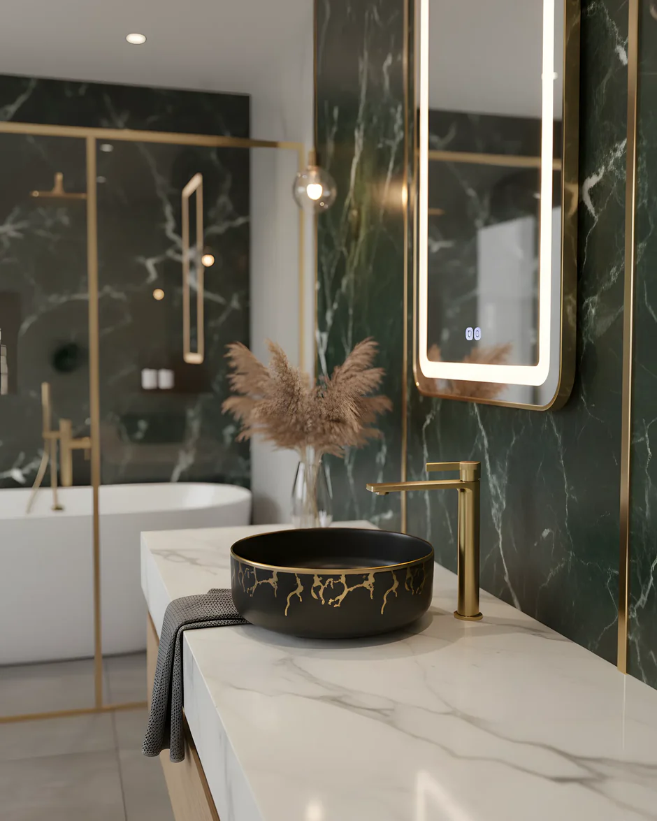 Baterie lavoar auriu periat – mâner rotund texturat, alamă solidă, design modern [3]