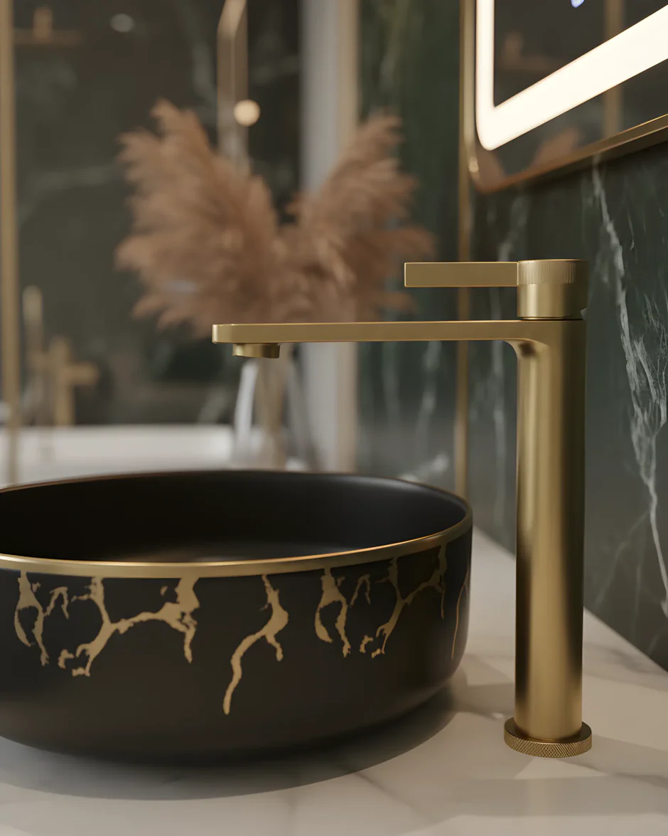 BATERII - Baterie lavoar auriu periat – mâner rotund texturat, alamă solidă, design modern