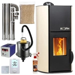 Incalzire si instalatii sanitare - Pachet termosemineu cu peleti KOPH PM 25 kW Fiama, 160 mp, buncar peleti 25 kg, diametru cos fum ⌀80 mm, pompa recirculare si vas expansiune incorporate, Crem