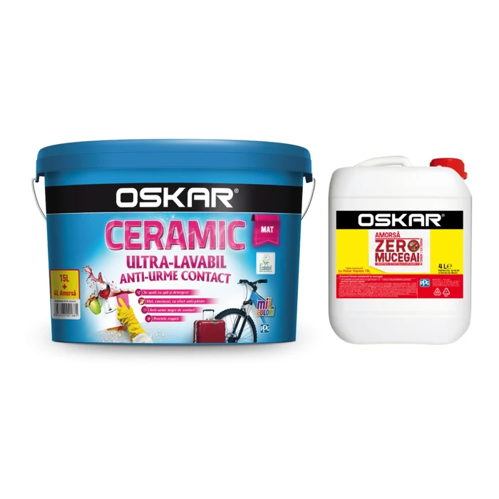 VOPSEA LAVABILA SI TENCUIELI DECORATIVE - Vopsea ultralavabilă Oskar Ceramic Mat 15 L + Amorsă Zero Mucegai 4 L – interior/exterior, anti-urme, acoperire premium
