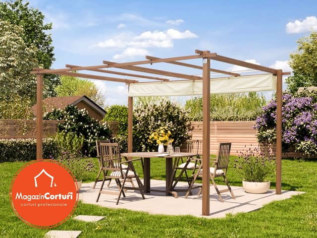 Pergola 3 x 4 m cu aspect de lemn, cu copertina textila crem [5]