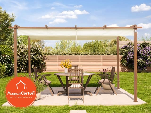 Pergola 3 x 4 m cu aspect de lemn, cu copertina textila crem [7]