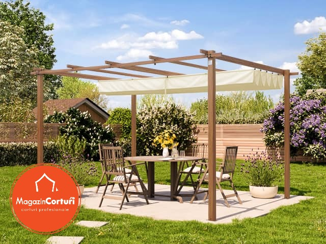 Pergola 3 x 4 m cu aspect de lemn, cu copertina textila crem [4]