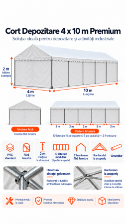 Corturi depozitare - Cort Nunta 4x10 m Premium 2 m Alb