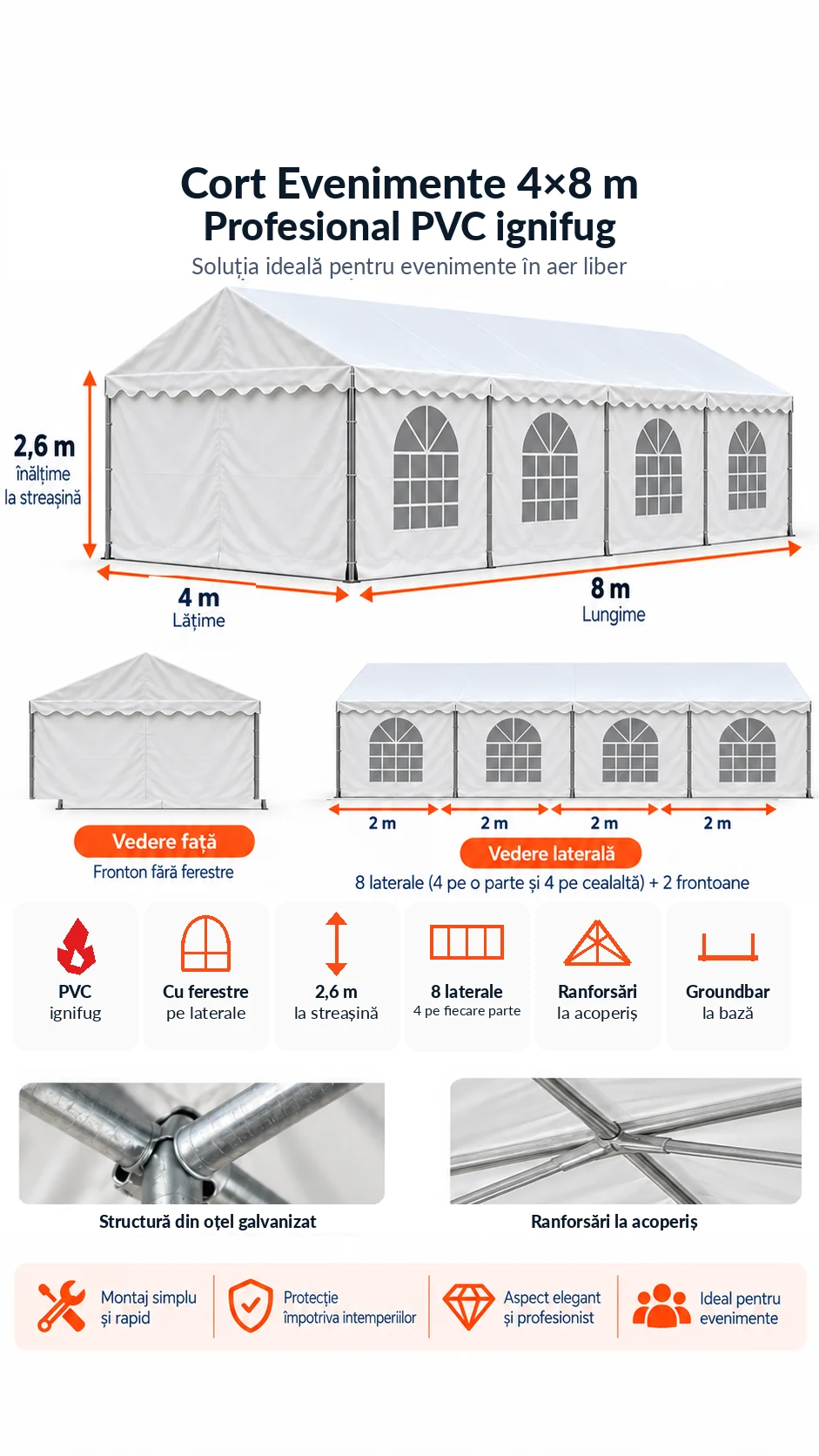 4 x 8 Cort Evenimente și Grădină Profesional PVC ignifug