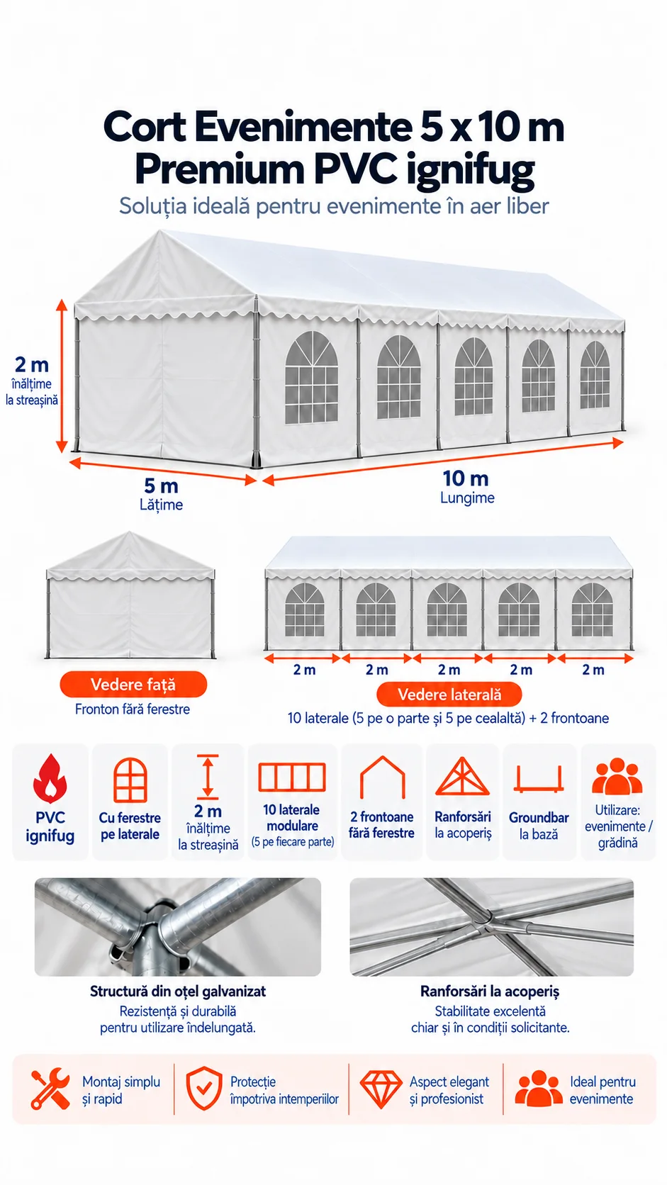 Corturi evenimente - 5 x 10 Cort Evenimente și Grădină Premium PVC ignifug
