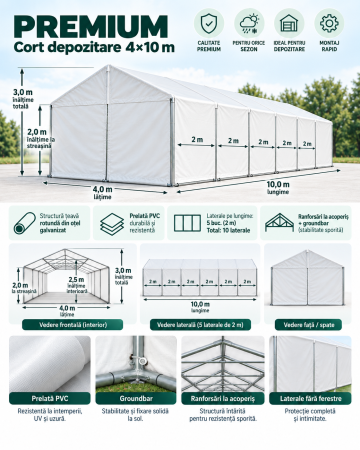 Corturi depozitare - Cort Nunta 4x10 m Premium 2 m Alb