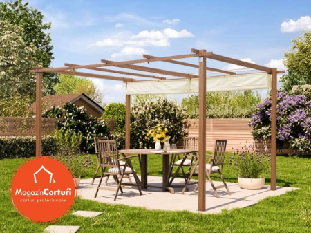 Pergola 3 x 4 m cu aspect de lemn, cu copertina textila crem [4]