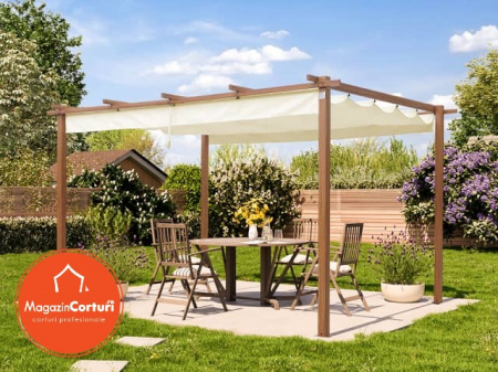 Pergola - Pergola 3 x 4 m cu aspect de lemn, cu copertina textila crem