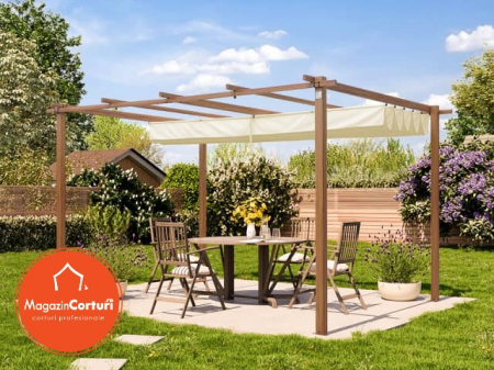 Pergola 3 x 4 m cu aspect de lemn, cu copertina textila crem [3]