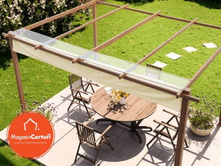Pergola 3 x 4 m cu aspect de lemn, cu copertina textila crem [7]