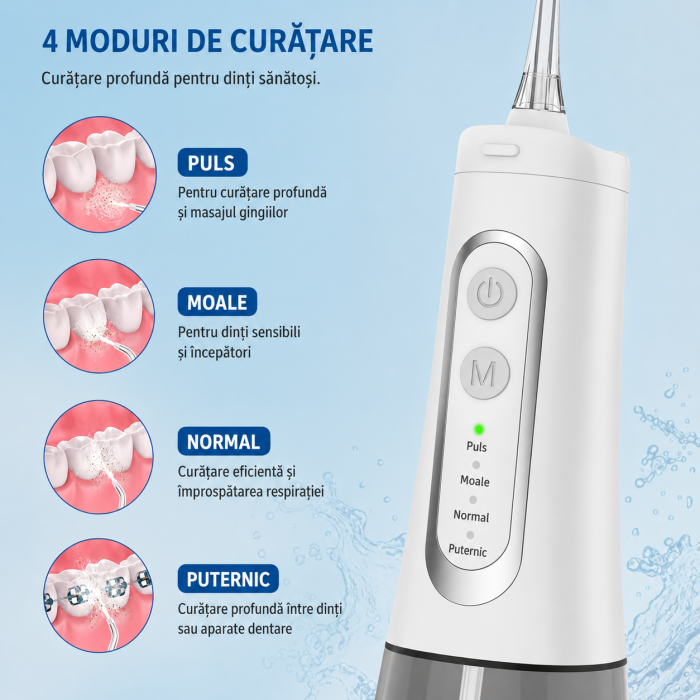 Irigator Bucal tip Dus Bucal, Fara fir, Portabil, 4 Trepte de presiune, IPX7, Rezervor 300 ML, culoare Alb, 4 Duze incluse [2]