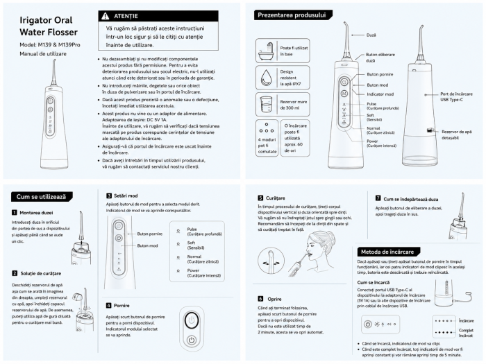 Irigator Bucal tip Dus Bucal, Fara fir, Portabil, 4 Trepte de presiune, IPX7, Rezervor 300 ML, culoare Alb, 4 Duze incluse [4]