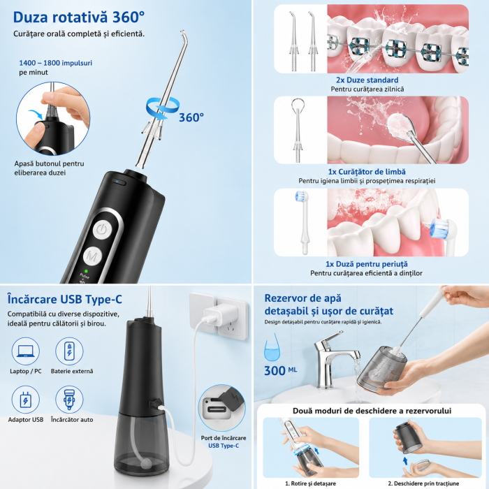 Irigator Bucal tip Dus Bucal, Fara fir, Portabil, 4 Trepte de presiune, IPX7, Rezervor 300 ML, culoare Negru, 4 Duze incluse [3]
