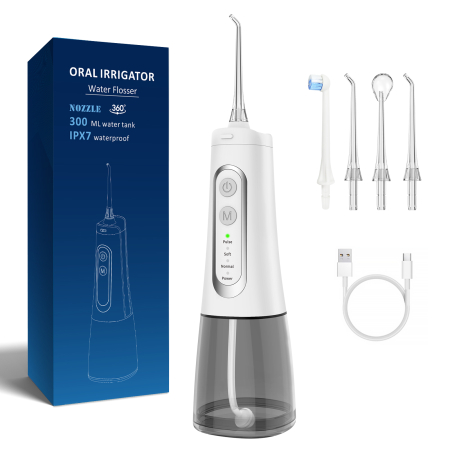 Ingrijire personala - Irigator Bucal tip Dus Bucal, Fara fir, Portabil, 4 Trepte de presiune, IPX7, Rezervor 300 ML, culoare Alb, 4 Duze incluse