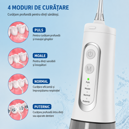 Irigator Bucal tip Dus Bucal, Fara fir, Portabil, 4 Trepte de presiune, IPX7, Rezervor 300 ML, culoare Alb, 4 Duze incluse [1]