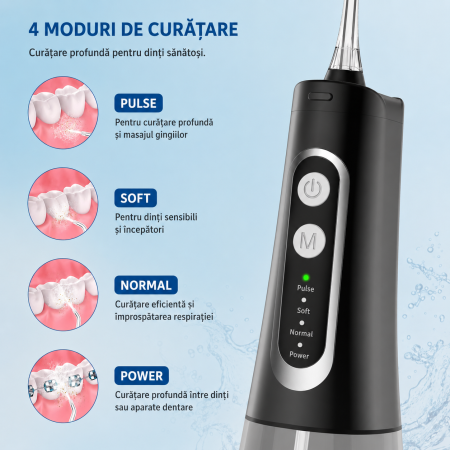 Irigator Bucal tip Dus Bucal, Fara fir, Portabil, 4 Trepte de presiune, IPX7, Rezervor 300 ML, culoare Negru, 4 Duze incluse [1]
