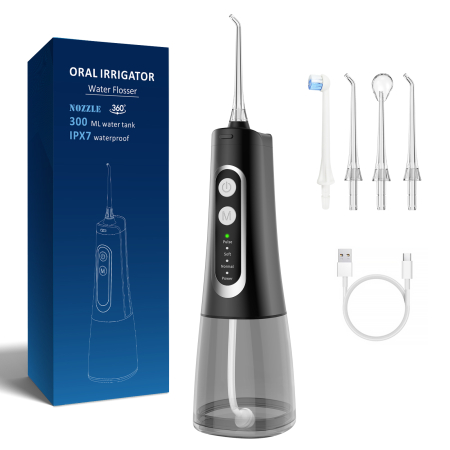 Ingrijire personala - Irigator Bucal tip Dus Bucal, Fara fir, Portabil, 4 Trepte de presiune, IPX7, Rezervor 300 ML, culoare Negru, 4 Duze incluse