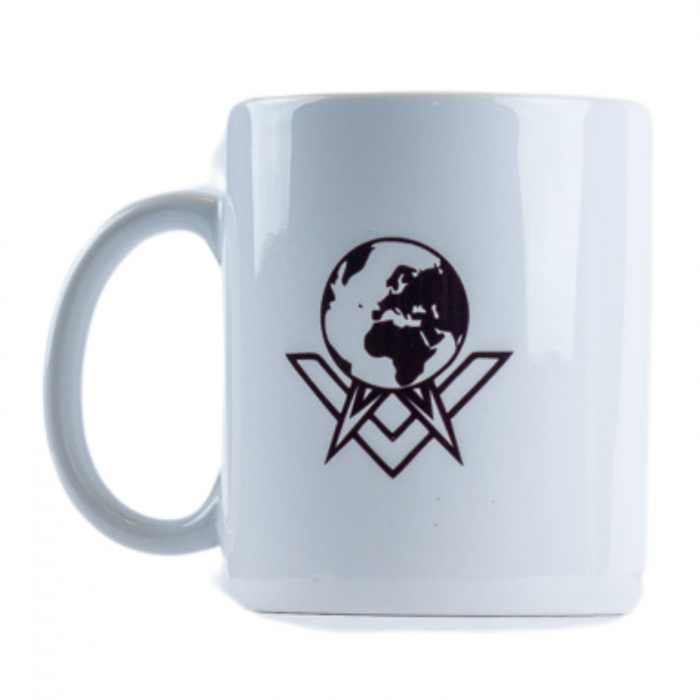Cană ceramică albă inscripționată cu Compas, Echer și Globul Pământesc [1]
