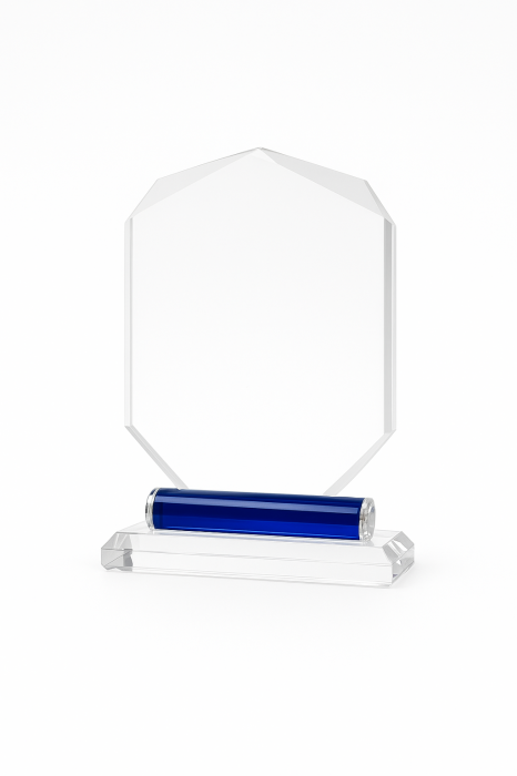 Trofeu din sticlă octogonal – cilindru albastru pe bază (personalizabil) [1]
