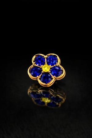 Insigne - Insignă „Nu-mă-uita”, albastru regal cu centru galben și contur auriu cu Pietricele Swarovski