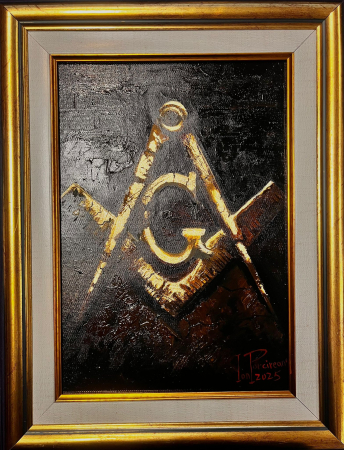 Tablouri - Tablou pictat pe pânză cu foiță de aur – Echer, compas și litera G