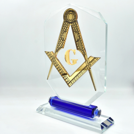 Cadouri - Trofeu din sticlă octogonal – cilindru albastru pe bază (personalizabil)