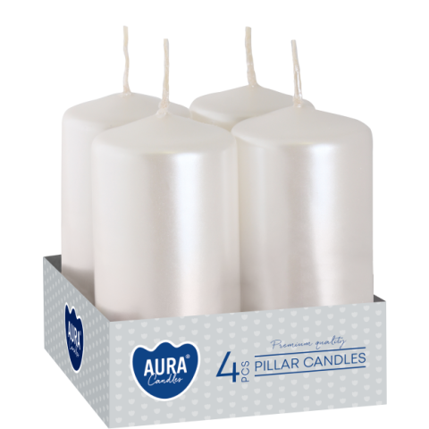 Lumanari Stalp - Set 4 lumânări tip pilon AURA Candles – alb perlat, calitate premium