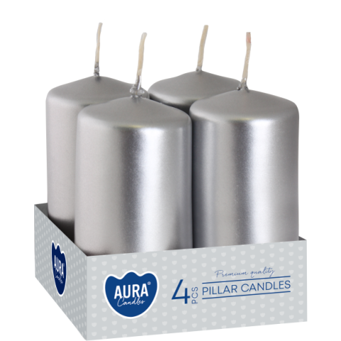 Lumanari Stalp - Set 4 lumânări tip pilon AURA Candles – argintiu, calitate premium