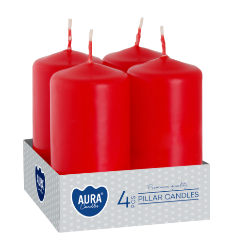 Lumanari Stalp - Set 4 lumânări tip pilon AURA Candles – roșu, calitate premium