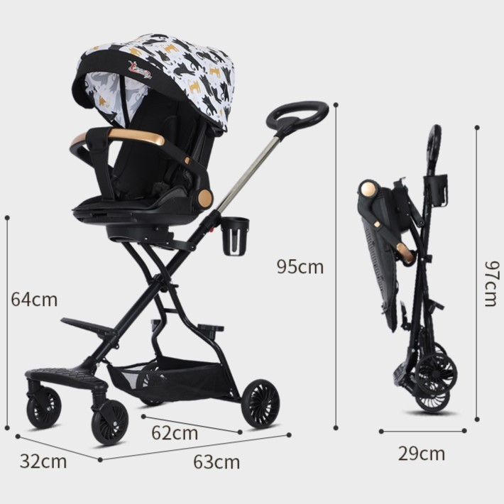 Carucior Sport 3in1 Reversibil, Pliabil, Cu Tavita pentru Masa, Pozitie de Somn, Roti 360, Negru [4]