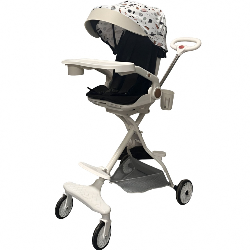 Carucior Sport 3in1 Reversibil, Pliabil, Cu Tavita pentru Masa, Pozitie de Somn, Roti 360, Bej [5]