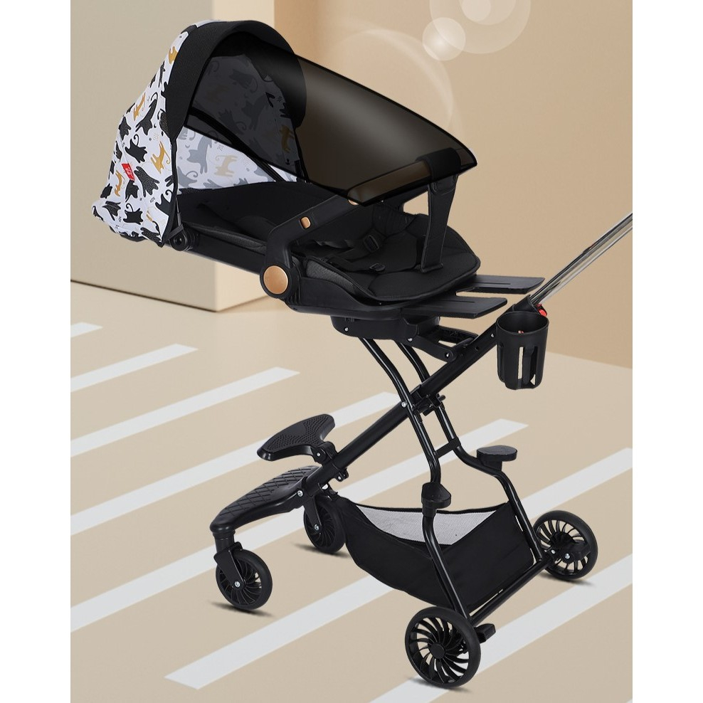 Carucior Sport 3in1 Reversibil, Pliabil, Cu Tavita pentru Masa, Pozitie de Somn, Roti 360, Negru [5]